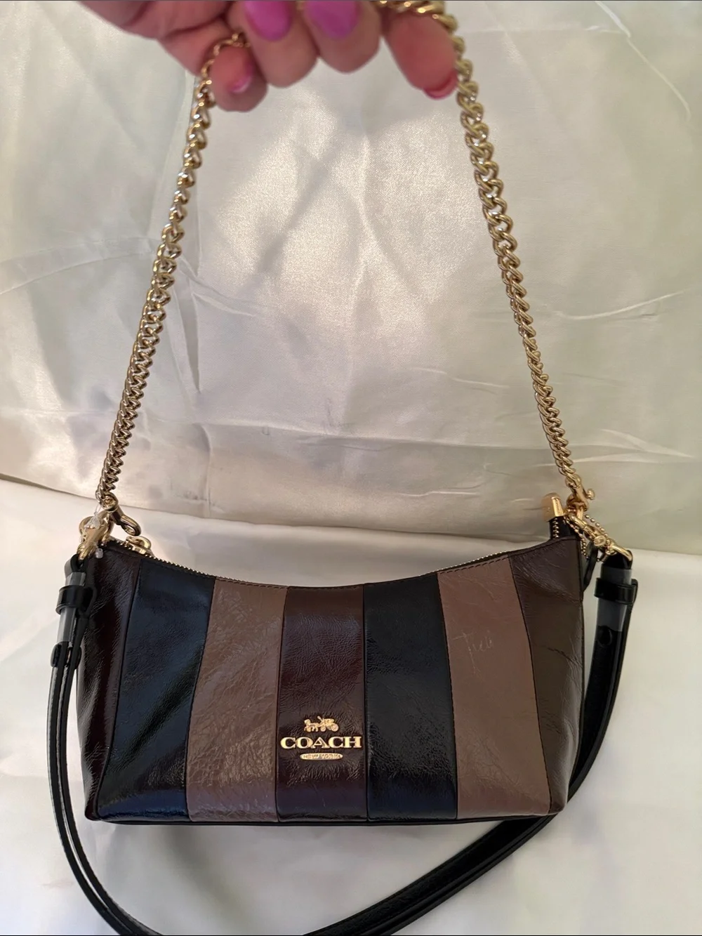 🖤🤎Coach NEW Caitlin Stripe-Crinkle Cut Leather Bag in Brown/Black Gold Hardware